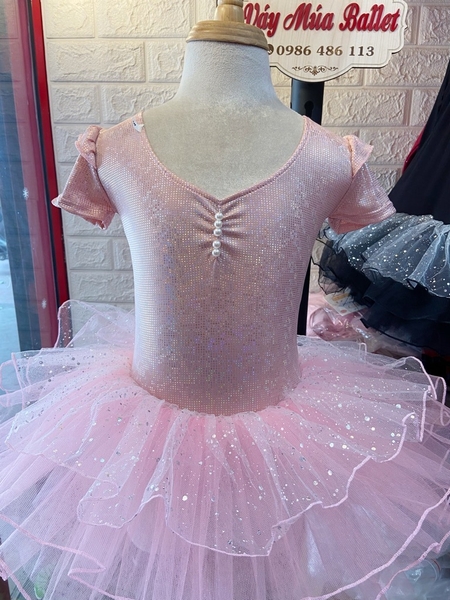 Váy múa tay tiên ngắn thun lấp lánh hồng