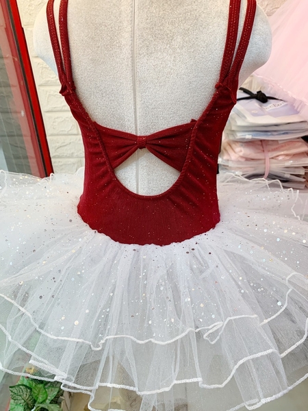 Váy múa dây thun đỏ đô nhũ trắng