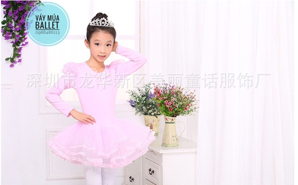 Váy múa tiên viền dài tay màu hồng, trắng, vàng