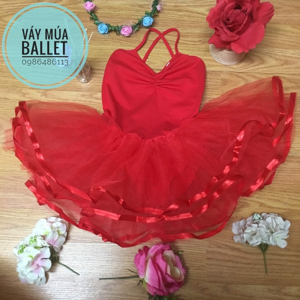 Váy múa 2 dây 3 tầng màu đỏ