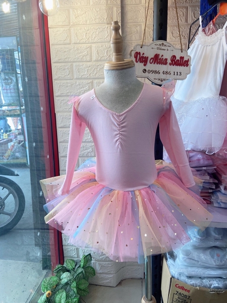 Váy múa tiên dài tay cầu vồng hồng