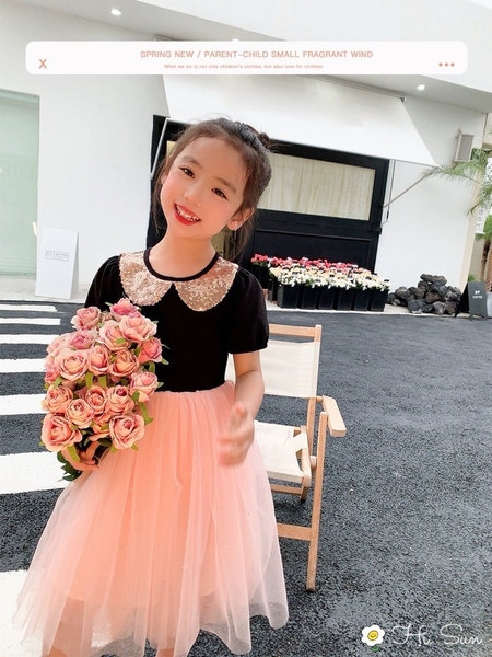 Váy công chúa cotton phối cổ sen lấp lánh s130