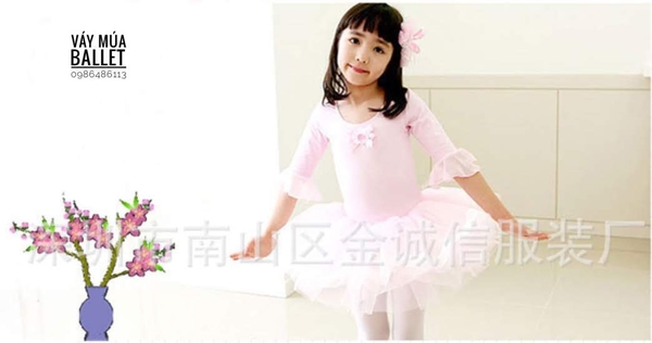 Váy múa tay loe lỡ màu hồng