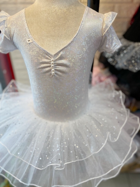 Váy múa tay tiên ngắn thun lấp lánh trắng