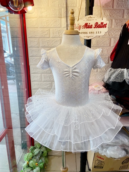 Váy múa tay tiên ngắn thun lấp lánh trắng