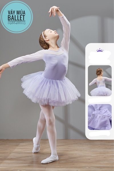 Váy múa phối voan dài tay (hồng, xanh, tím)