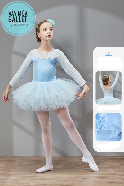 Váy múa phối voan dài tay (hồng, xanh, tím)