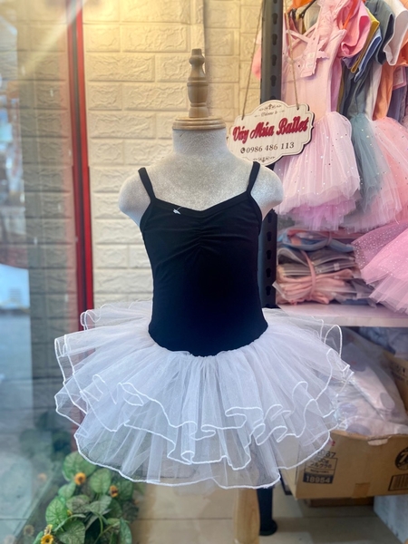 Váy múa 2 dây nơ lưng đen trắng