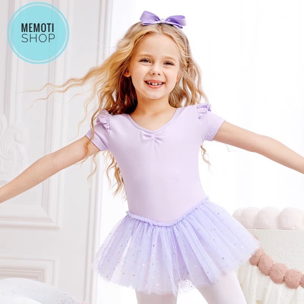 Váy múa bèo vai eo sao tay ngắn (tím, hồng)