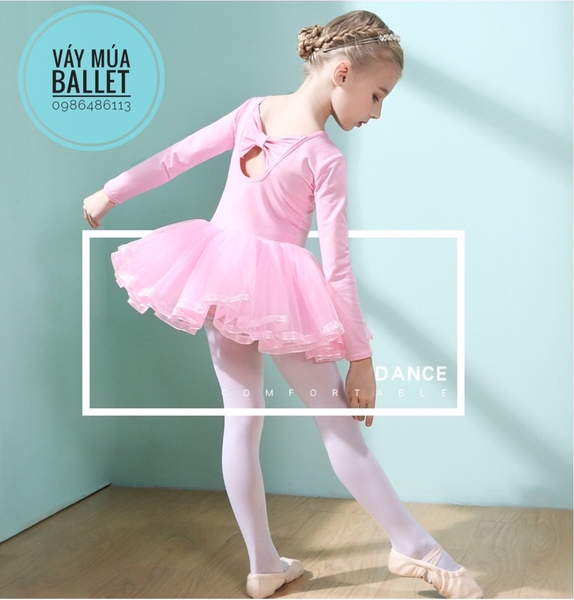 Váy múa nơ lưng viền dài tay (tím, hồng, xanh)