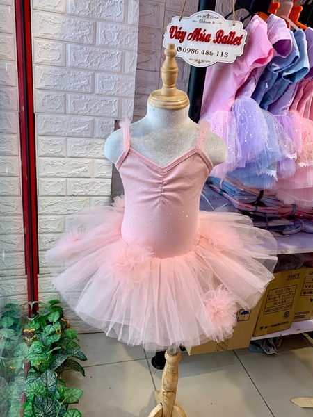 Váy múa cotton đá dây voan hoa bồng