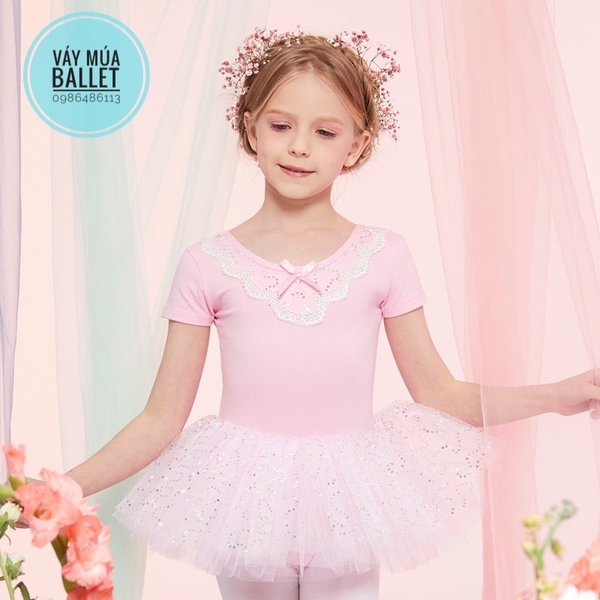 Váy múa phối ren ngực sao tay ngắn (tím, xanh, hồng)