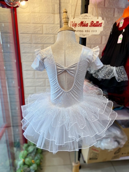 Váy múa tay tiên ngắn thun lấp lánh trắng