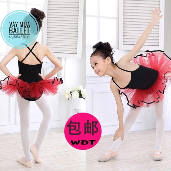 Váy múa 2 dây phối màu đen đỏ