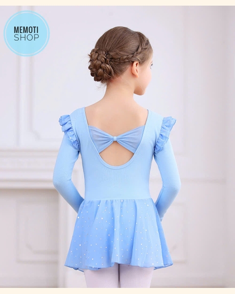 Váy tập múa tiên nơ lưng sao dài tay (tím, xanh, hồng)