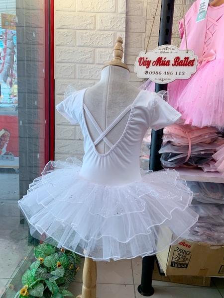 Váy múa tiên tay ngắn von lấp lánh trắng