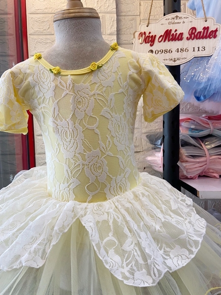 Váy múa phối ren hoa bèo tay bồng (vàng, xanh, hồng)