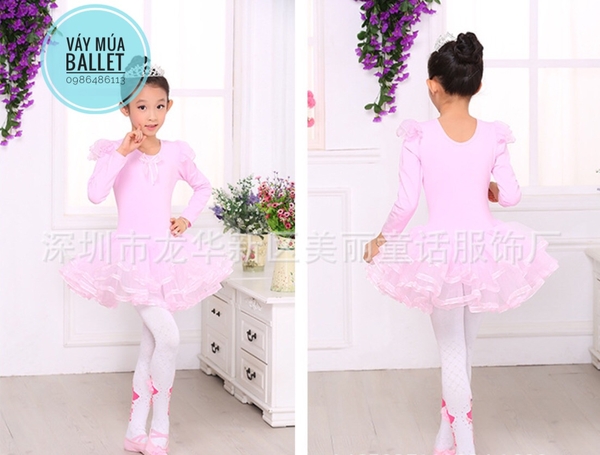 Váy múa tiên viền dài tay màu hồng, trắng, vàng