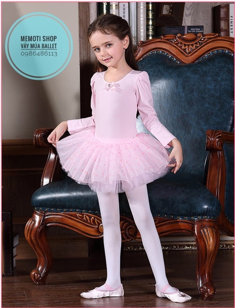 Váy múa nơ sao hồng dài tay