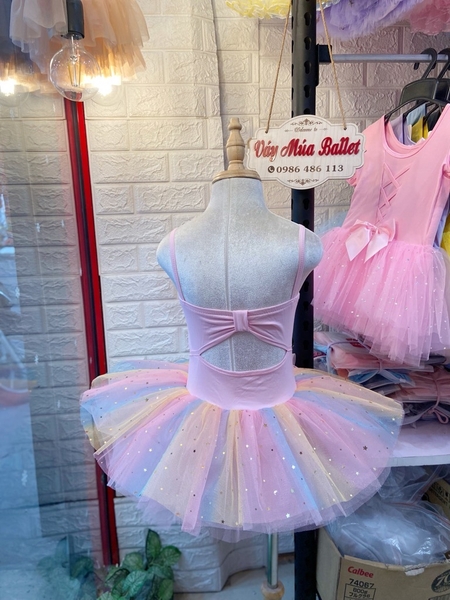 Váy múa 2 dây nơ lưng cầu vồng (vàng, hồng)