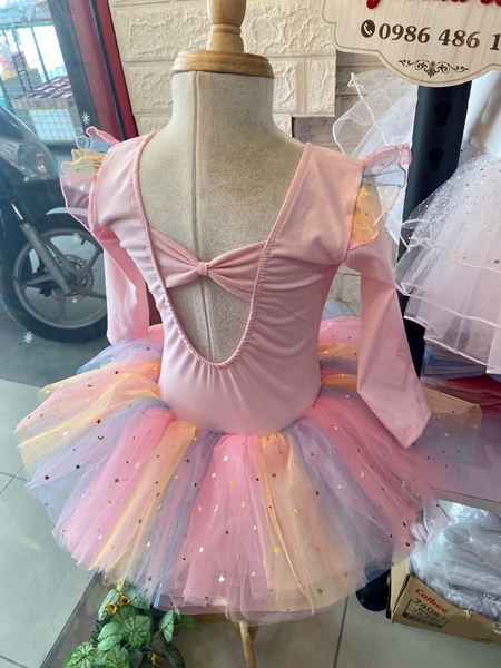 Váy múa tiên dài tay cầu vồng hồng