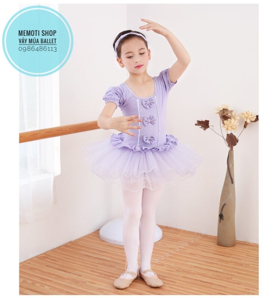 Váy múa ba nơ ngắn tay (tím, hồng)
