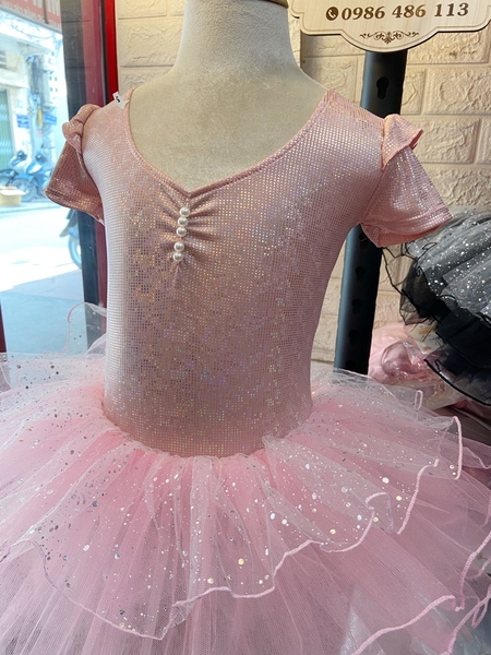 Váy múa tay tiên ngắn thun lấp lánh hồng