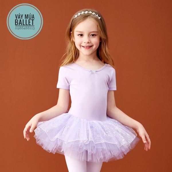 Váy múa đan lưng lấp lánh tay ngắn (tím, xanh, hồng)