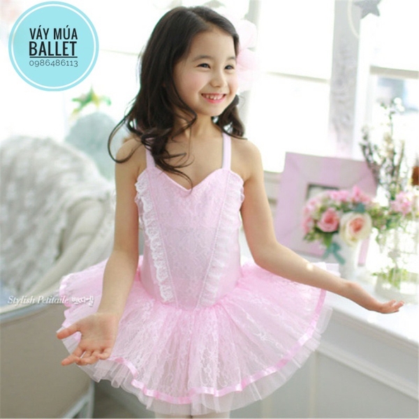 Váy múa 2 dây chéo phối ren mềm mại