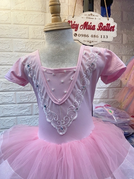 Váy múa ren V ngực viền ren ngắn hồng