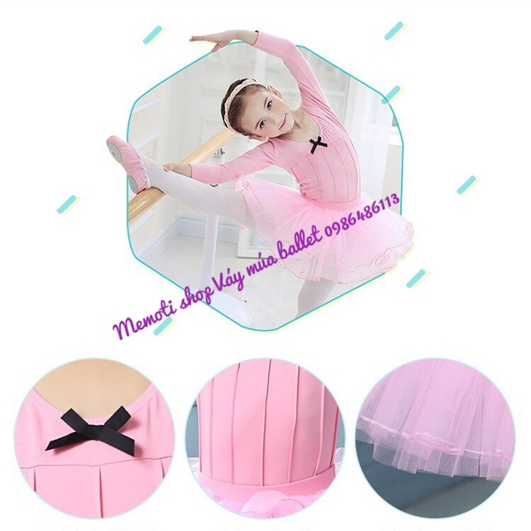 Set váy múa gân nơ đen dài tay (tím, hồng, xanh)