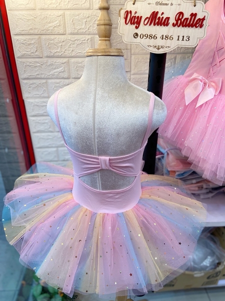 Váy múa 2 dây nơ lưng cầu vồng (vàng, hồng)