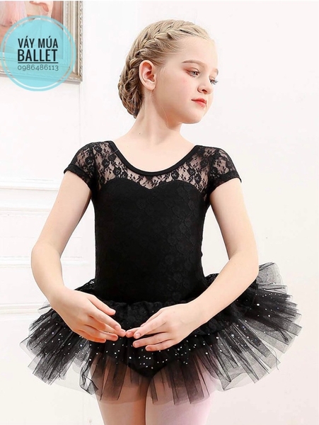 Váy múa phối ren bèo sao tay ngắn (hồng, tím, đen)