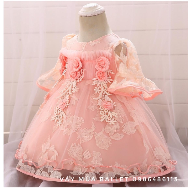 Váy công chúa hoa ngực 3D tay loe lỡ màu hồng, cam, tím