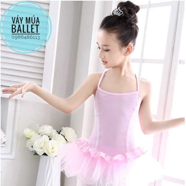 Váy múa 2 dây bèo xoè màu tím, hồng