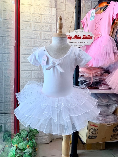 Váy múa tiên tay ngắn von lấp lánh trắng