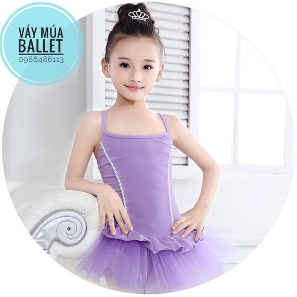 Váy múa 2 dây bèo xoè màu tím, hồng