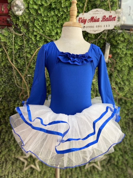 Váy múa xanh coban bèo ngực dài tay