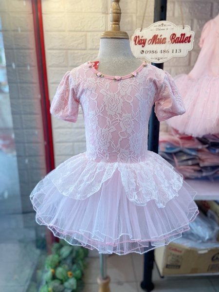 Váy múa phối ren hoa bèo tay bồng (vàng, xanh, hồng)