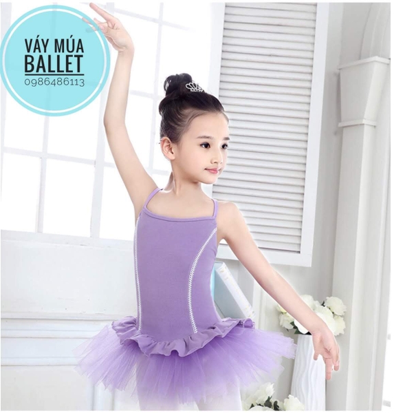 Váy múa 2 dây bèo xoè màu tím, hồng