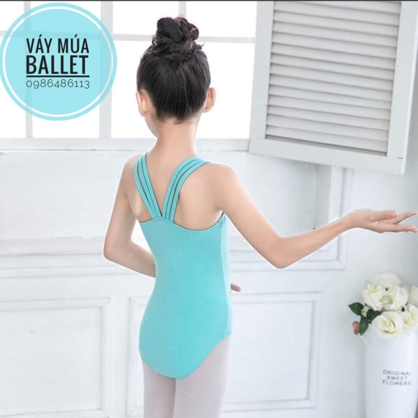 Set áo váy múa 2 dây kép xanh phối trắng
