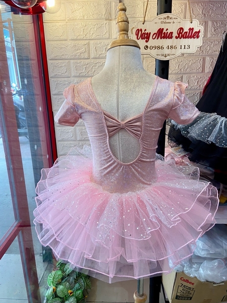 Váy múa tay tiên ngắn thun lấp lánh hồng