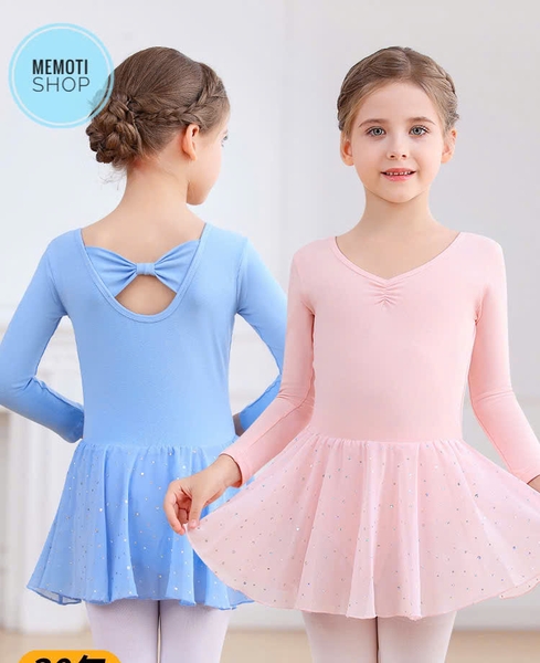 Váy tập múa nơ lưng sao dài tay (hồng, xanh, tím)