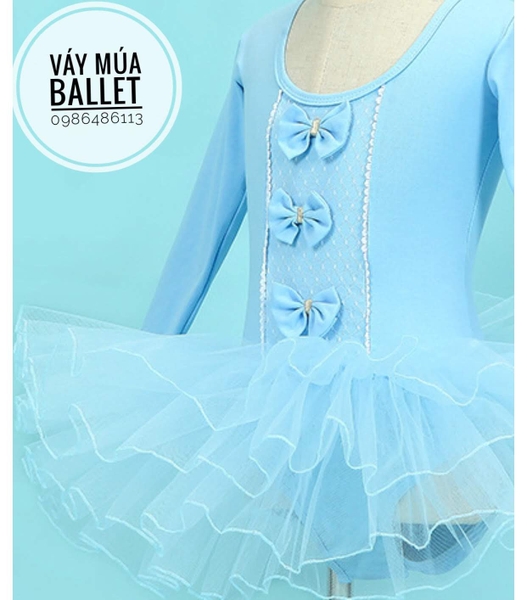 Váy múa 3 nơ dài tay màu xanh