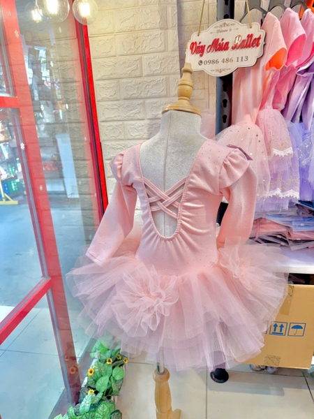 Váy múa tiên dài tay cotton đá hoa bồng