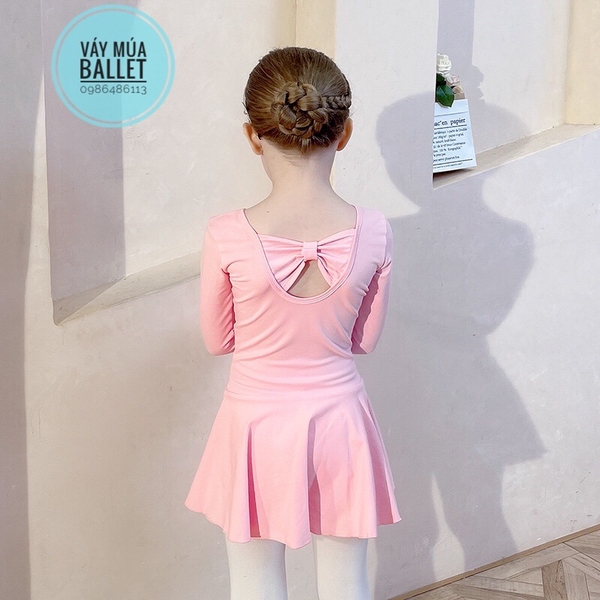 Váy tập múa cotton nơ lưng dài tay hồng