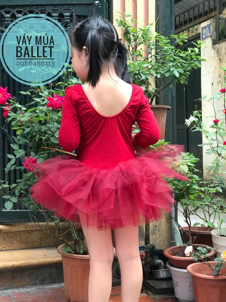 Váy múa cổ tròn tay lỡ đỏ đô