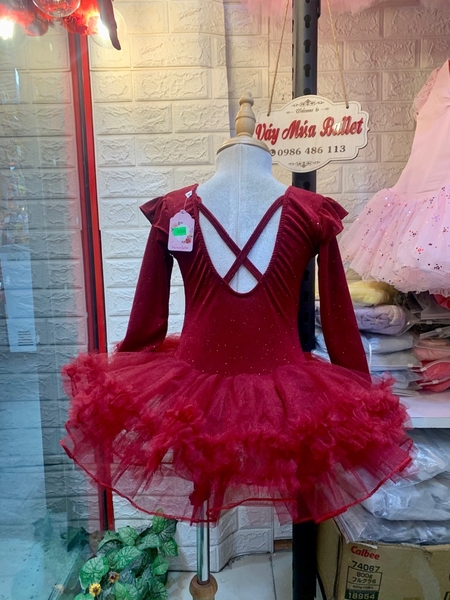 Váy múa thun nhũ tiên tutu đỏ đô dài tay