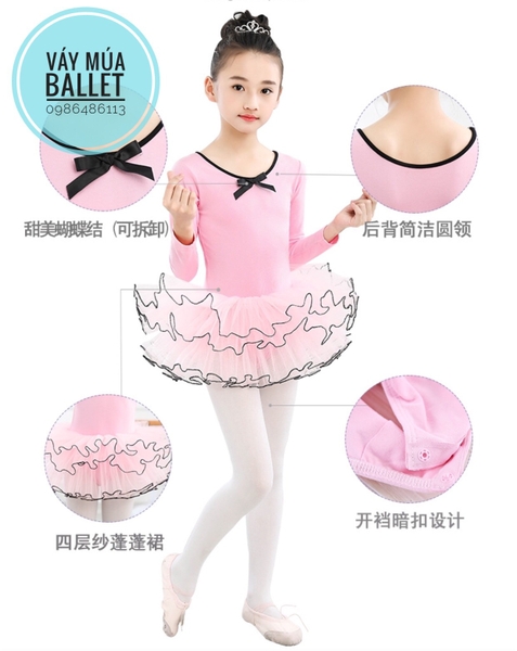 Set Váy múa phối viền đen dài tay màu hồng, đỏ đô