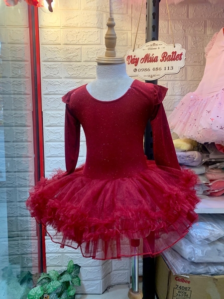Váy múa thun nhũ tiên tutu đỏ đô dài tay
